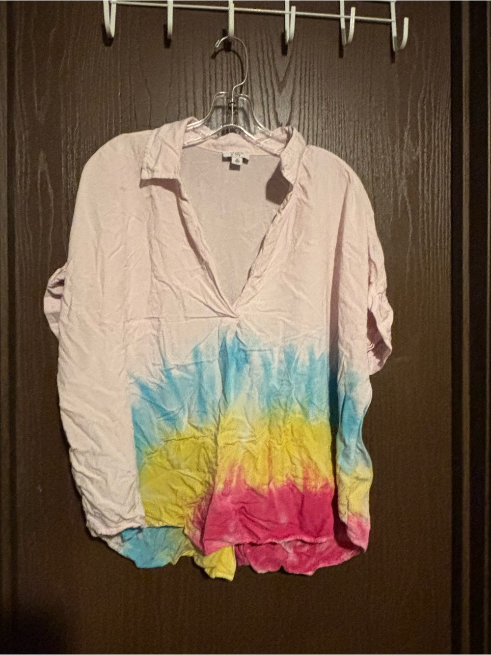 crown & ivy Pink V-Neck Tunic with Blue, Yellow, and Fuchsia Tie-Dye Hem
